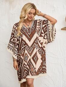 Breezaya 2026 New Spring/Summer Vacation Casual Bohemian Style Loose Batwing Sleeve Straight Silhouette Slightly A-Line Unwaisted V-Neck Fringe Hem And Cuff Design Dress, Available In Apricot, Khaki, And Digital Printed Vacation Dress For Women - Khaki - View 4