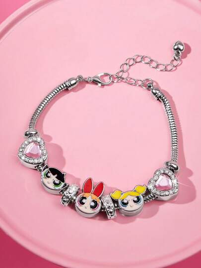 THE POWERPUFF GIRLS X SHEIN 时尚可爱甜美的银色锌合金卡通链条手链，镶嵌闪亮水钻心形。适合日常佩戴或作为礼物，花朵、泡泡和毛茛花图案。