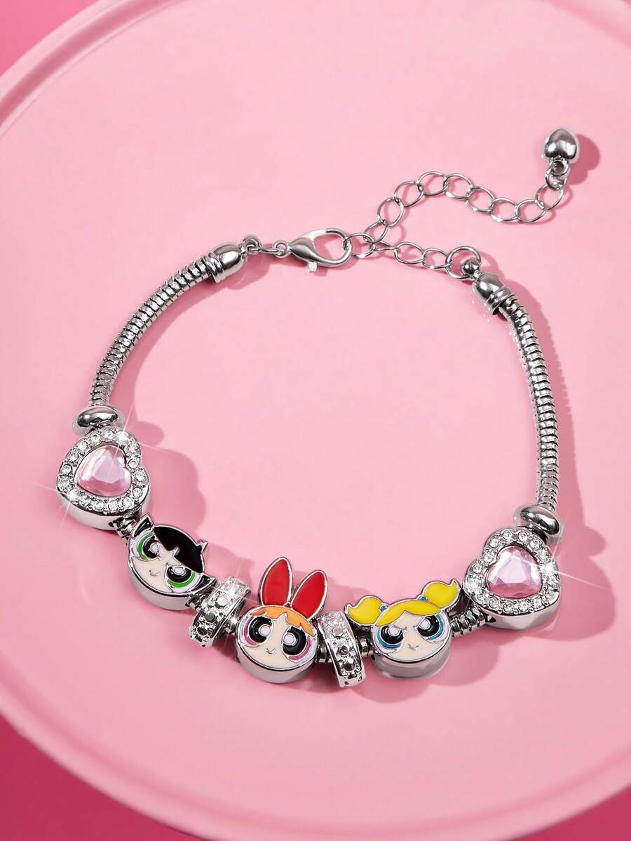 THE POWERPUFF GIRLS X SHEIN 时尚可爱甜美的银色锌合金卡通链条手链，镶嵌闪亮水钻心形。适合日常佩戴或作为礼物，花朵、泡泡和毛茛花图案。 - 彩色 - 查看 1