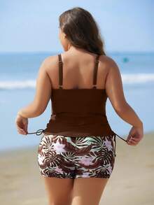 Swim Lushoire Plus Size Women Summer Beach Criss-Cross Design Tankini Swimwear Set - Brown - View 2