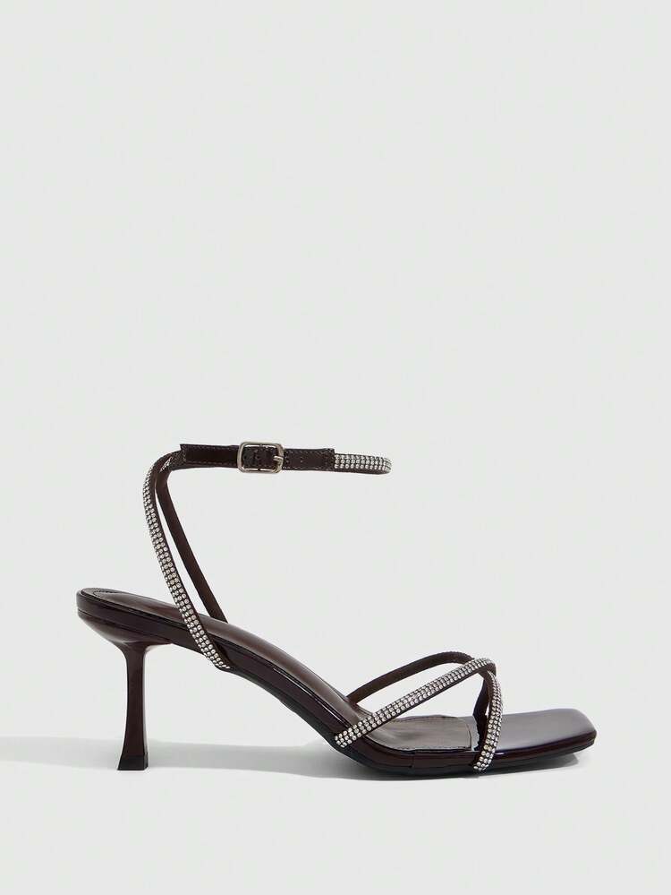 CUCCOO SZL Sexy New Summer Gold Criss-Cross Strap Fashionable Charming Sexy Women's High Heel Sandals, Slim Strap Square Toe Stiletto Heels Open Toe Sandals Summer Shoes - Coffee Brown - View 2