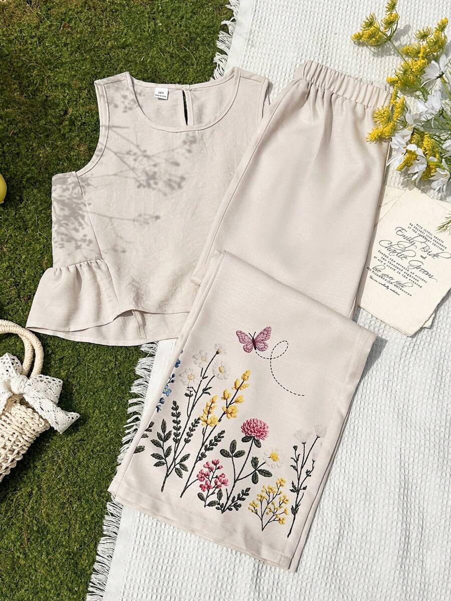 Vintaside Kids Girls' Beige Summer Tropical Vacation Holiday,Round Neck Sleeveless Tank Top & Digital Printed Pants Set,Casual Spring Outfits For Outdoor Travel - Apricot - View 1