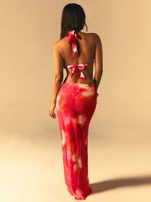 Athîral 女士度假沙滩扎染印花抽绳高开衩罩衫及半身裙套装 - 紅色 - 查看 2