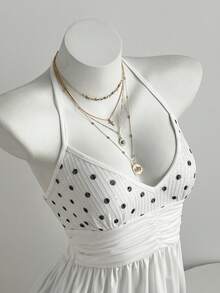 Elamini YK2 女士甜辣音乐节波点亮片刺绣 V 领褶皱不对称下摆吊带背心 - 白色 - 查看 3