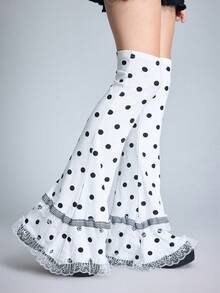 ROMWE Kawaii 1 Đôi tất len họa tiết chấm bi đen dễ thương, thiết kế độc đáo phong cách Y2K, tất ren hai lớp, không dễ bị xù lông, che phủ đến đầu gối. - Đen và trắng - Xem 2