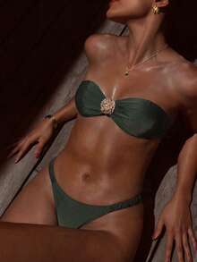 Swim Chiccia 女士纯色金属面料可拆卸可调节肩带褶皱高领优雅比基尼套装 - 墨綠色 - 查看 1