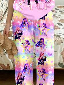 卡通女孩，多巴胺渐变色，韩流巨星，休闲舒适，少女简约圆领短袖T恤和长裤家居服，适合夏季穿着 - 彩色 - 查看 5