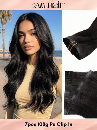 Seamless Clip Ins 100% Real Human Hair Extension 7PCS Seamless PU Clip In Human Hair Extensions Straight 14-22 Inch Natural Black Skin Weft Remy Hair Extensions 110G With Clips
