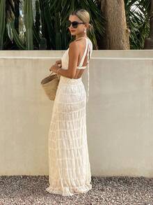 DAZY Đầm cổ yếm buộc dây kiểu dáng nghỉ dưỡng cho nữ, trang phục du lịch biển cho nữ mùa hè - trắng - Xem 5