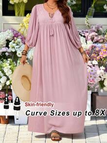 SHEIN CURVE+ Plus Size Solid Long Sleeve Casual Dress, Simple & Fashionable For Everyday Wear,Beach Dress Sundress,Holiday Outfits Boho - Pink - View 10