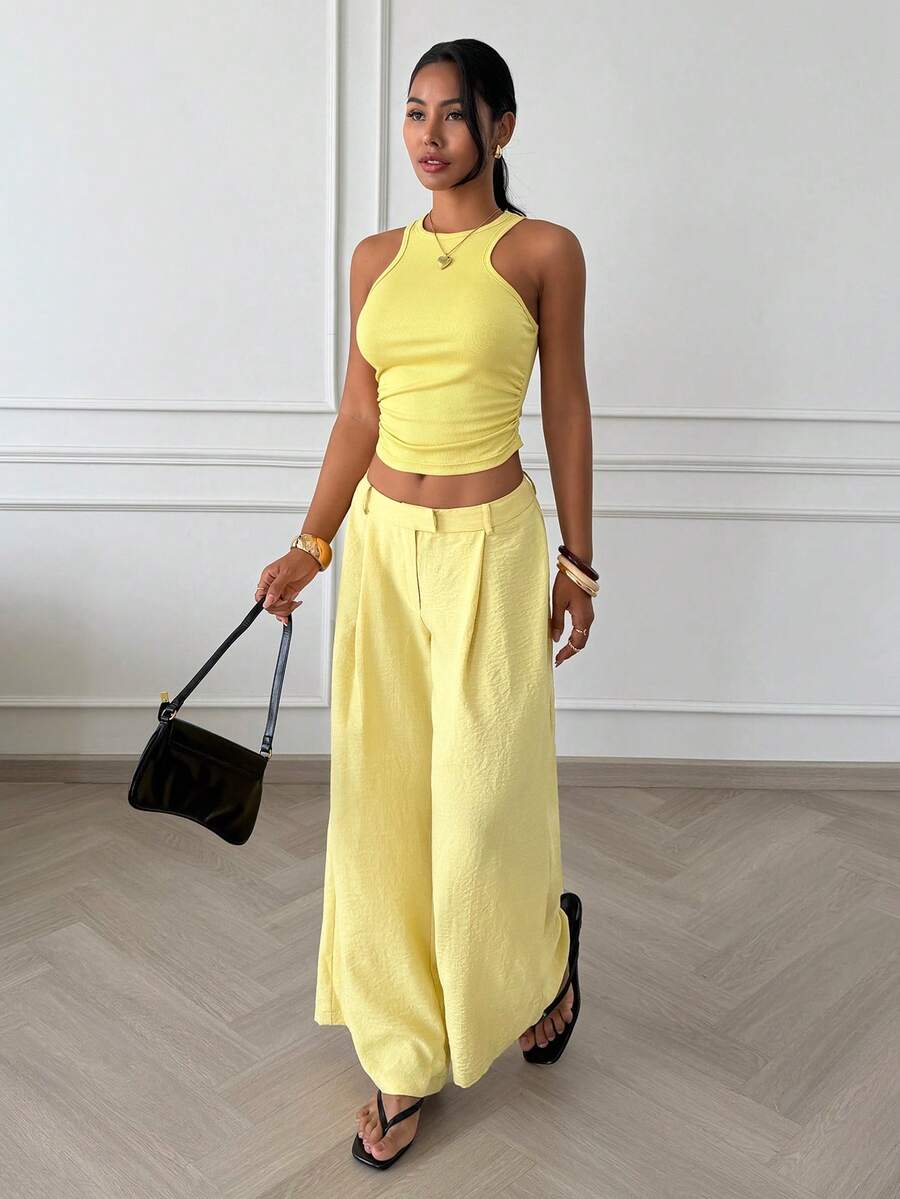 Slaydiva Casual Pale Yellow Tank Top And Wide Leg Pants 2 Pieces Set, Summer - Yellow - View 1