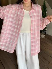 DAZY Women's Plaid Loose Casual Long Sleeve Shirt - Baby Pink - View 7