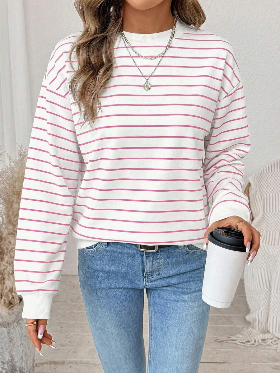 SHEIN LUNE 休闲简约复古优雅通勤百搭暖粉色条纹印花图案，沙滩度假装，女士夏季服装，宽松圆领长袖卫衣 - 彩色 - 查看 1