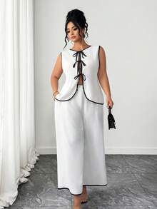 SHEIN Clasi Women's Plus Size White 2 Pieces Set, Summer Elegant Smart Casual Office Brunch Tie-Up Backless Sleeveless Top And Pocket Palazzo Pants Co Ord Sets - Black and White - View 4