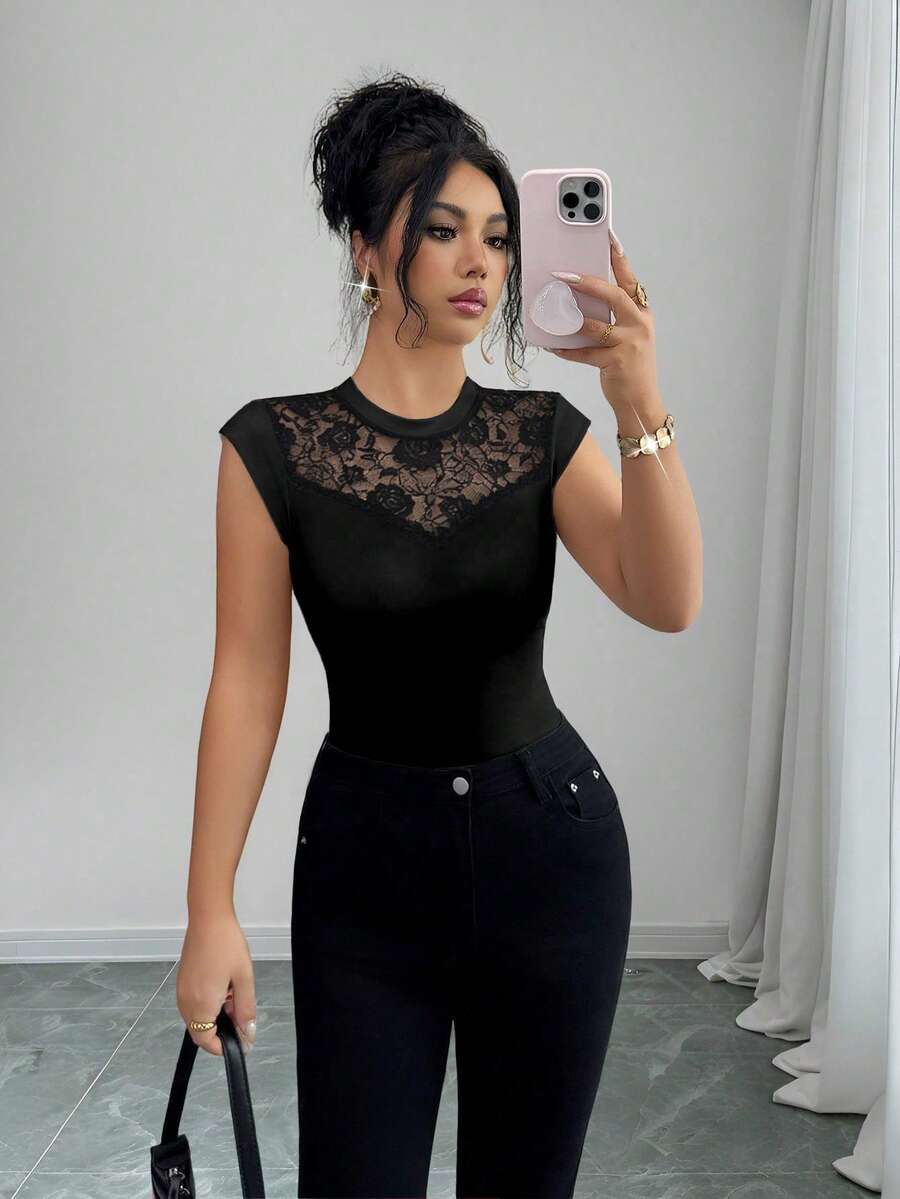 Elenzga Áo hai dây nữ thời trang cổ tròn, phối ren, khoét lỗ, dáng ôm, thích hợp mặc hàng ngày, mùa thu/đông & xuân/hè. - màu đen - Xem 1