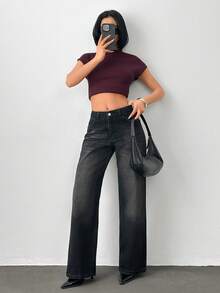 SHEIN 100% 纯棉低腰水洗细节阔腿牛仔裤 - 黑色 - 查看 5