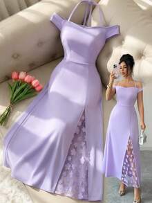 Elenzga Women's Elegant Off-Shoulder Dress, Fitted Silhouette With Lace Trim Side Panels And Thigh-High Slit, Suitable For Evening Parties, Dates, Light Social Events And Casual Outings - Purple - View 1