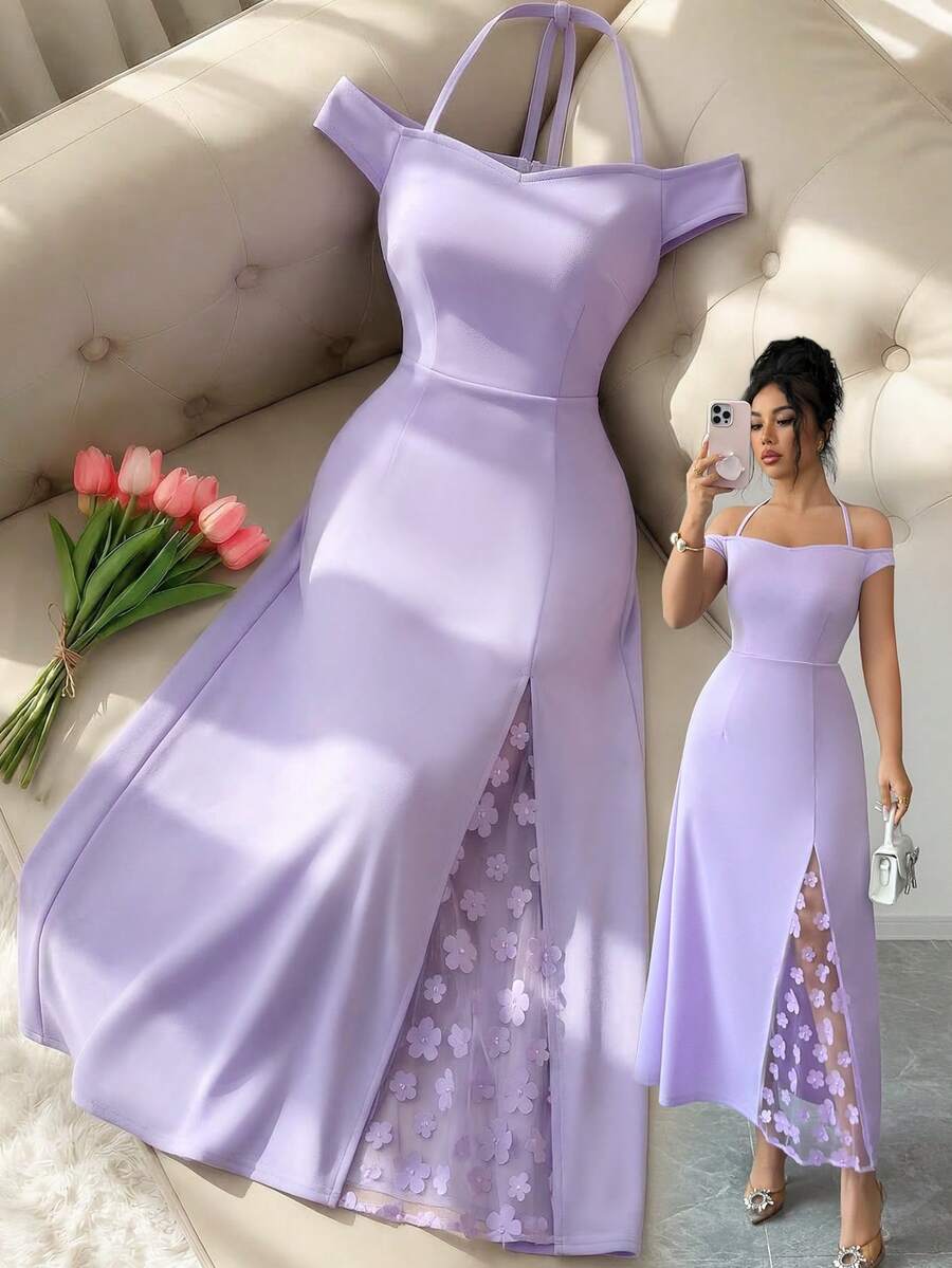 Elenzga Women's Elegant Off-Shoulder Dress, Fitted Silhouette With Lace Trim Side Panels And Thigh-High Slit, Suitable For Evening Parties, Dates, Light Social Events And Casual Outings - Purple - View 1