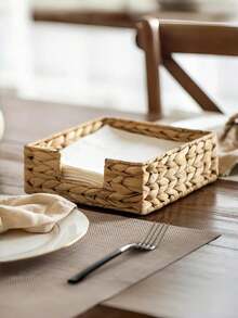 1PC Handwoven Water Hyacinth Rattan Wicker Square Natural Napkin Holder Basket Serving Tray For Kitchen Dining Room Table Decoration Storage Organizer Countertop Home Decor - Brown - View 8