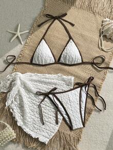 Swim Mod 3件套女士夏季沙滩度假时尚蕾丝边三角比基尼上衣、侧系带三角比基尼下装和蕾丝罩衫泳衣套装 - 彩色 - 查看 1