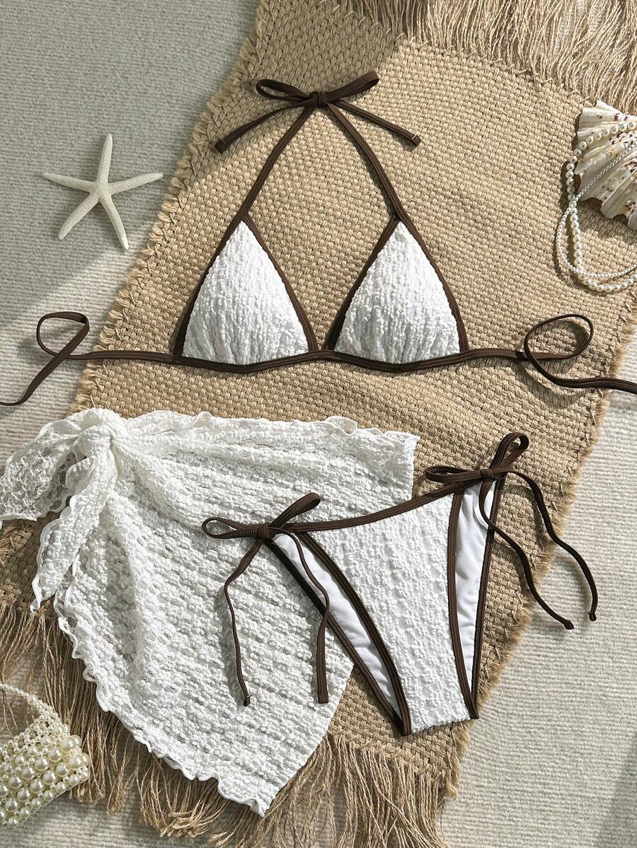 Swim Mod 3件套女士夏季沙滩度假时尚蕾丝边三角比基尼上衣、侧系带三角比基尼下装和蕾丝罩衫泳衣套装 - 彩色 - 查看 1