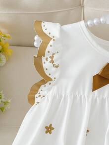 Young Girls' Sweet Princess Style Heart & Bow Print Ruffle Hem A-Line Dress, Loose Fit, Suitable For Daily Outings, Birthday Parties, Family Gatherings, Festivals - Brown - View 8