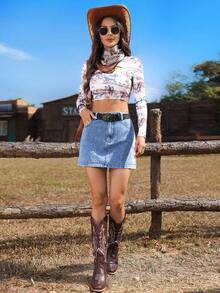 Breezaya Women's Casual Versatile Date/Travel Denim Mini Skirt With Floral Embroidery And Pockets - Blue - View 6