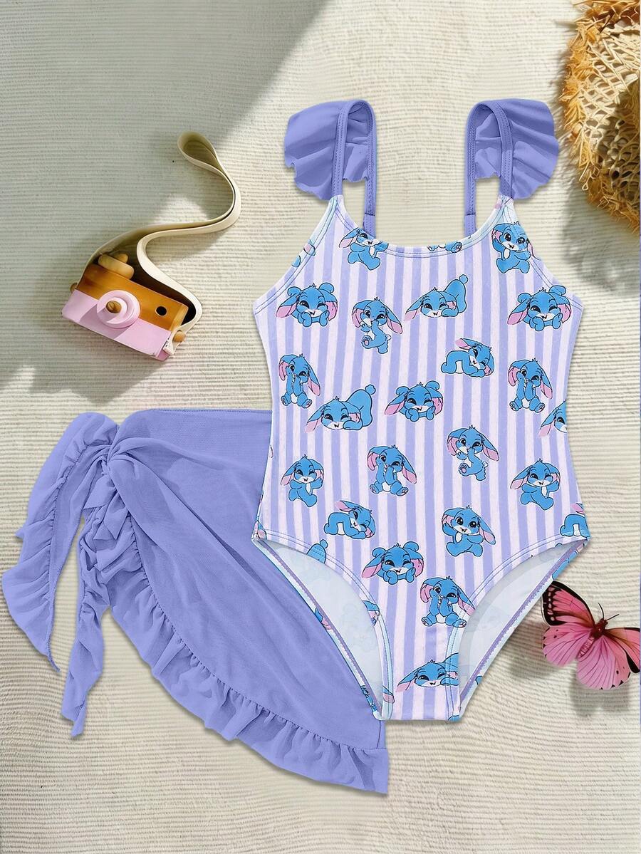 SHEIN Sparklyn Traje de baño de una pieza con volantes, estampado floral y tirantes para niña preadolescente, elegante y a la moda al estilo europeo y americano, adecuado para nadar, vacaciones y playa en verano - Morado - Ver 1