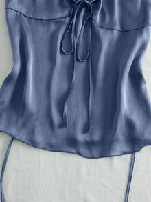 Nuevo top de verano para mujer con cuello halter, cintura fruncida y lazo, sexy y casual para vacaciones - Azul - Ver 3