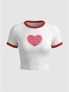 Rina Fox Women's Heart Print Cropped Round Neck T-Shirt - White - View 1