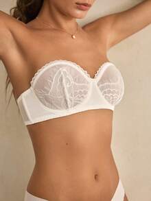Charlaine 白色无肩带隐形防滑婚纱季蕾丝网纱拼接半罩杯舒适半罩杯优雅浪漫精致法式风格女士文胸 - 白色 - 查看 1