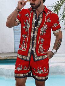 VENTUSAIL Men's Leisure Vintage Print Short Sleeve Shirt And Shorts Set, Holiday - Red - View 4