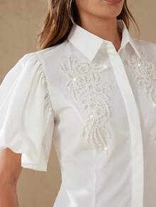 Aveloria Rosie New Sequin Embellished Petal Sleeve Sweet Cropped Blouse - White - View 5