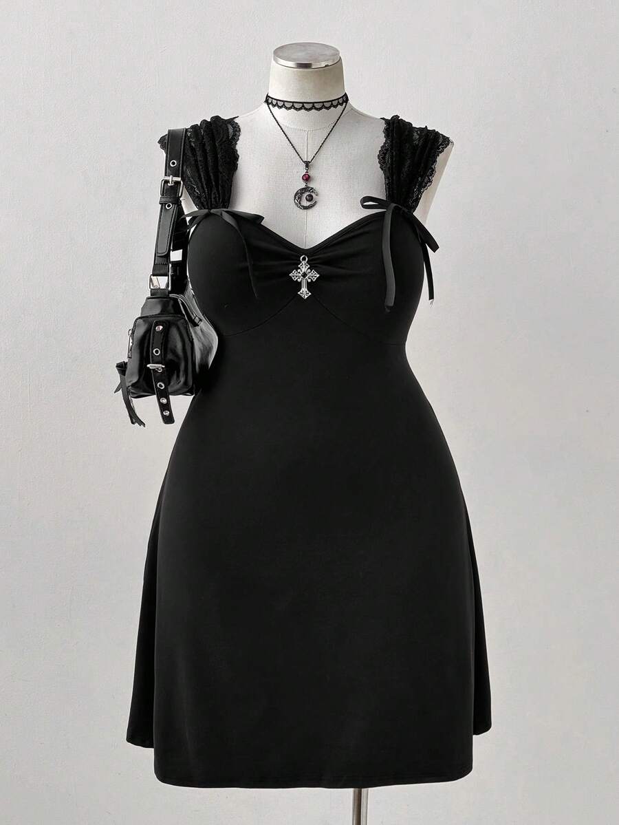 Sunspun Đầm chữ A ôm sát, chất liệu dệt kim co giãn, ren tối màu. - màu đen - Xem 1