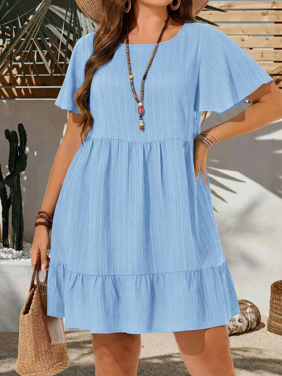 EMERY ROSE 大码度假休闲纯色短袖连衣裙，女士夏季服装，复活节连衣裙，波西米亚风，锐舞派对服装，复活节曲线身材服装，乡村音乐会服装 - 淺藍色 - 查看 1