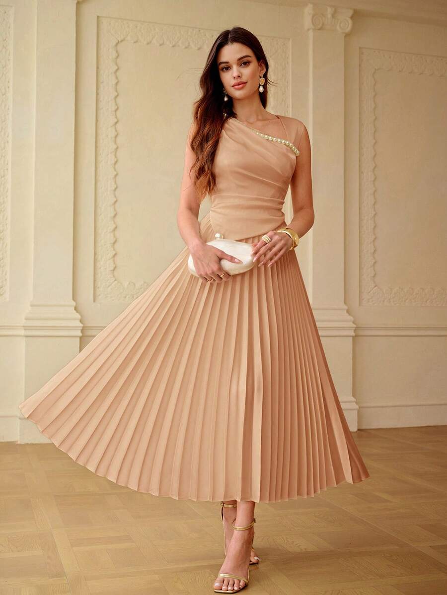 ZEYLAH Gaun Midi Wanita Warna Polos dengan Hiasan Mutiara Imitasi dan Detail Kerut di Pinggang, Elegan, Cocok untuk Kencan dan Pesta - Coral Pink - View 1