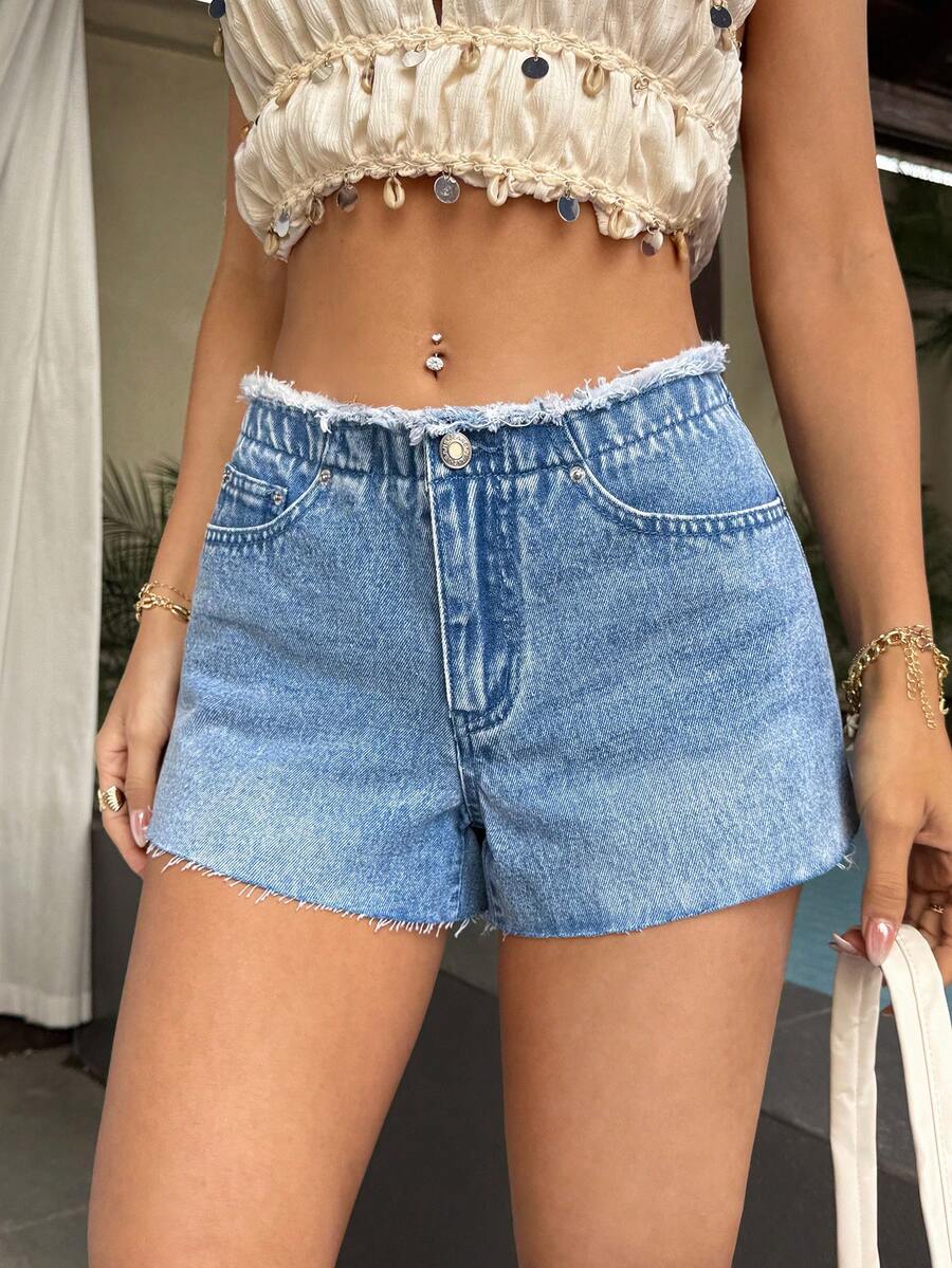 Sunnyshic Fashionable Low-Waist Frayed Washed Casual Denim Shorts - Medium Wash - View 1