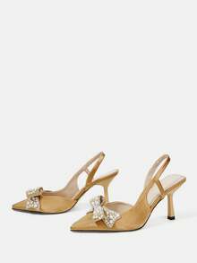CUCCOO HITCHD Sepatu Hak Tinggi Wanita Ujung Lancip, Dekorasi Pita Berlian Imitasi & Mutiara, Satin Emas Champagne, Nyaman & Elegan, Cocok Untuk Pernikahan, Pesta, Acara Formal - Perunggu - View 3