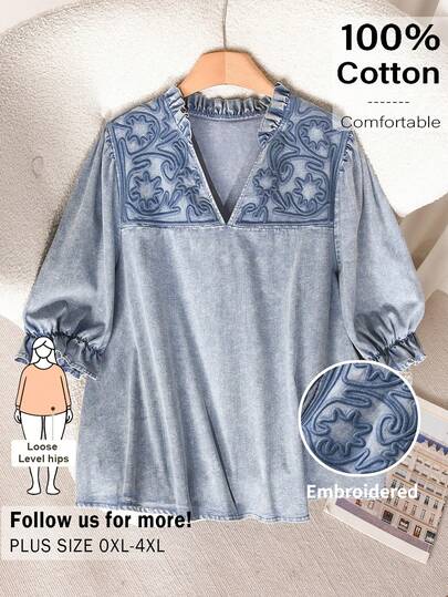 CosyJoli Große Größen Damen Verwaschenem Hemd, Lässige Damenmode, Kurzarm Schneeflocken Verwaschenem Hemd Top, Blaues Hemd