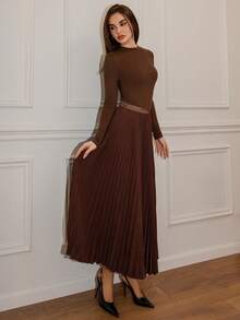 Bris Aura Urban Style Pleated A-Line Skirt, Minimalist Fashion Casual Everyday Wear Maxi - Coffee Brown - View 5