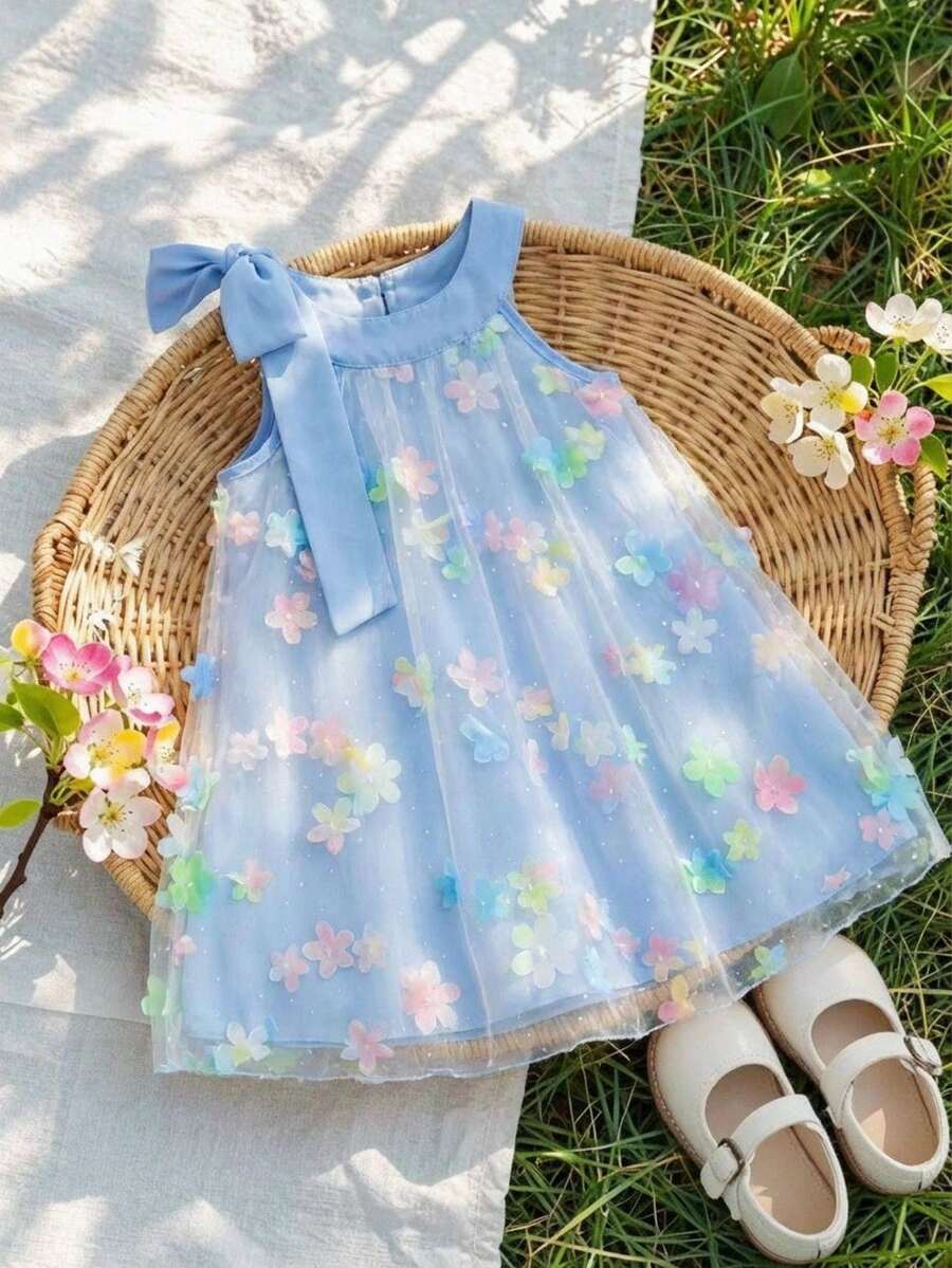 SHEIN Vintaside Kids 女童优雅甜美可爱3D爱心网纱露背无袖A字休闲连衣裙，适合节日、派对、生日、度假、春夏穿着 - 彩色 - 查看 1