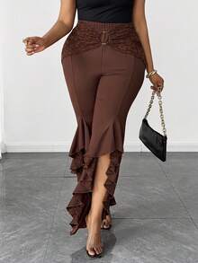 Maweii Plus Size Elegant Lace Patchwork High Slit 7/8 Pants - Brown - View 1