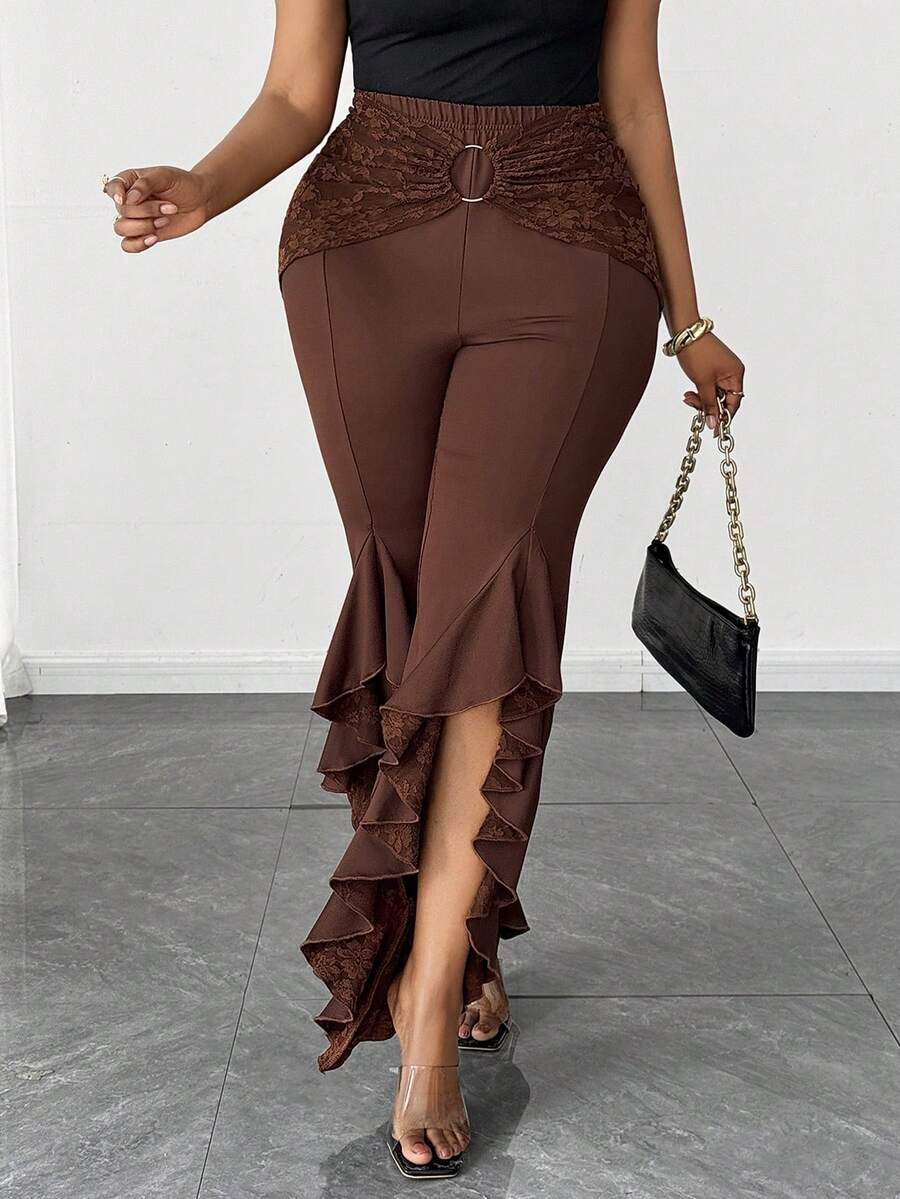 Maweii Plus Size Elegant Lace Patchwork High Slit 7/8 Pants - Brown - View 1