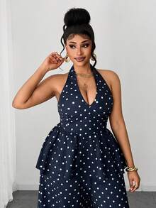 Maweii Plus Size Polka Dot Elegant Commuting Fashion Versatile 2 Pieces Set - Navy Blue - View 2