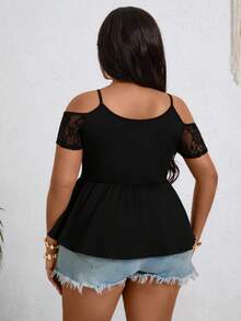 新款春夏女式金属链条吊带露肩T恤上衣，黑色修身T恤上衣，都市时尚性感女神T恤上衣，蕾丝袖拼接，日常休闲T恤，度假旅行性感T恤 - 黑色 - 查看 2