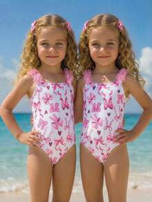 Emery Rose Kids Emery Rose Kids Young Girl Striped Bow Floral 1-Piece Swimsuit - Pink - View 2