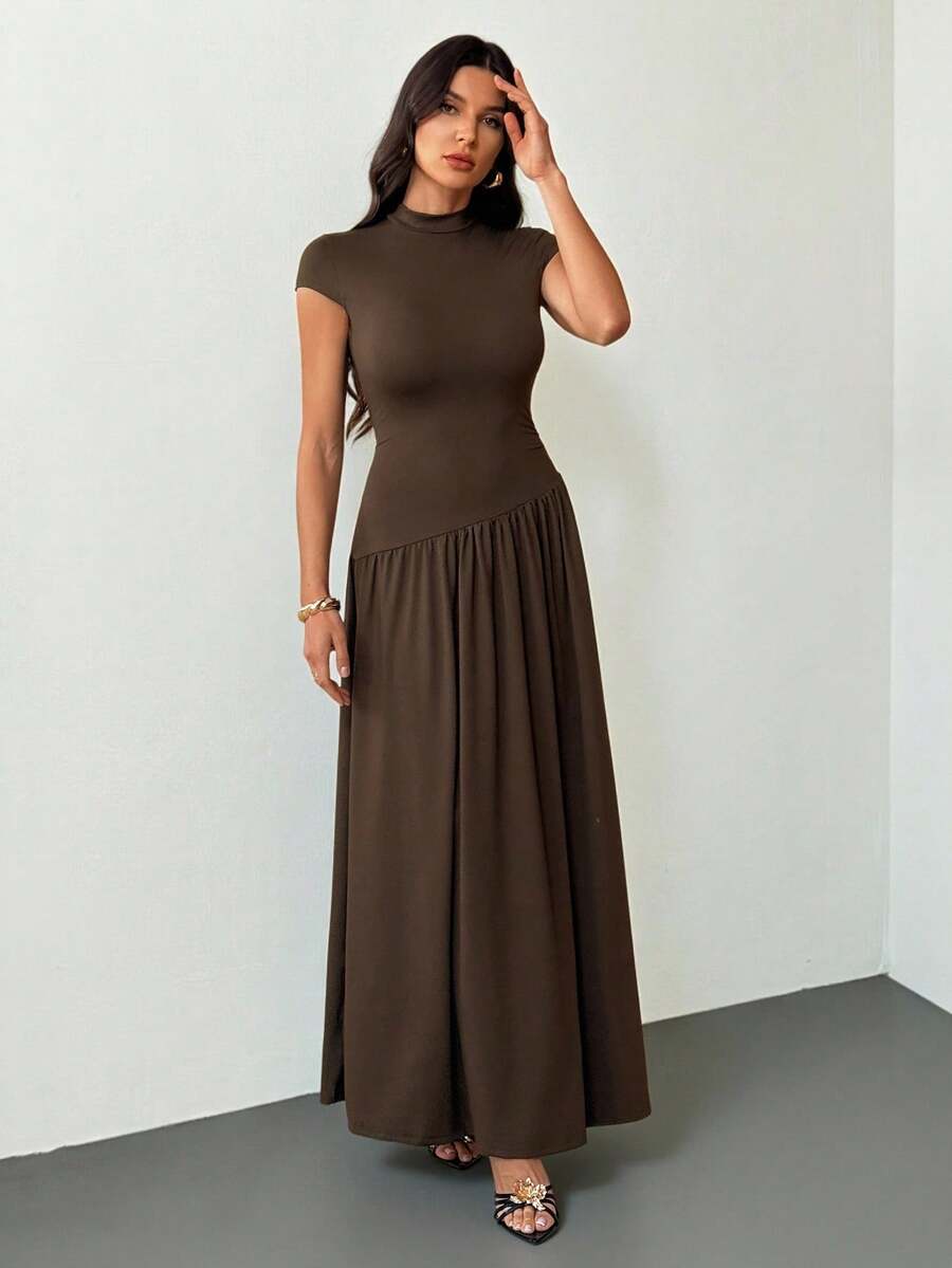 SHEIN Tall 女士纯色立领泡泡袖褶裥长款休闲连衣裙，夏季棕色连衣裙 - 棕色 - 查看 1