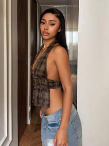 SHEIN HypeZone 街头风女装夏季做旧格子缎带铆钉镂空露背系带无袖衬衫 - 棕色 - 查看 6