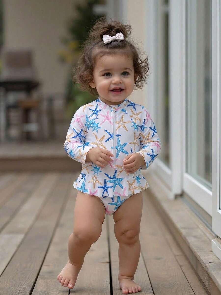 女婴海星印花拉链荷叶边沙滩连体泳衣 - 彩色 - 查看 1