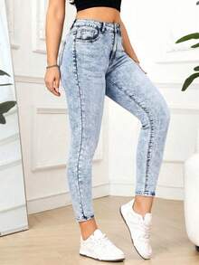 SHEIN PETITE Quần jean denim nữ dáng ôm có túi, đa năng, thích hợp mặc thường ngày. - Rửa nhẹ - Xem 4